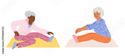 Elderly womens doing yoga stretching. Gymnastic Pilates workout for granny. Older people lady, women play sports cartoon vector. Elderly characters old senoras fitness exercises gymnastics yoga class