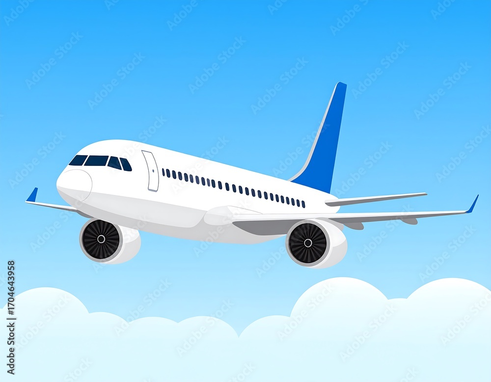 Obraz premium Cartoon airplane soaring through a partly cloudy sky