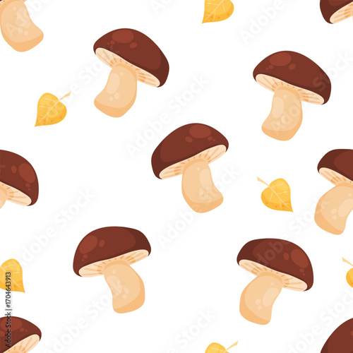 Vector seamless pattern with mushrooms and autumn yellow leaves. Perfect for seasonal designs, food packaging, kitchen textiles, wallpapers, cards, posters, wrapping and craft projects