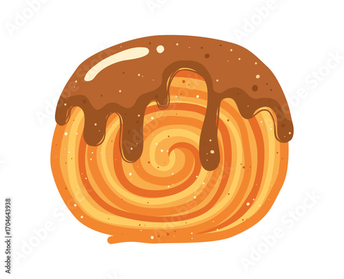 Round croissant with chocolate cream glaze illustration. Italian or French trendy bun bakery art. Vector for bakery grocery branding, menu recipe book wallpaper packaging background