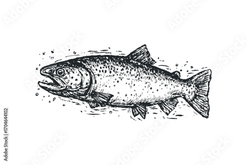 Salmon fish swimming in water, linocut style. Vector hand drawn illustration