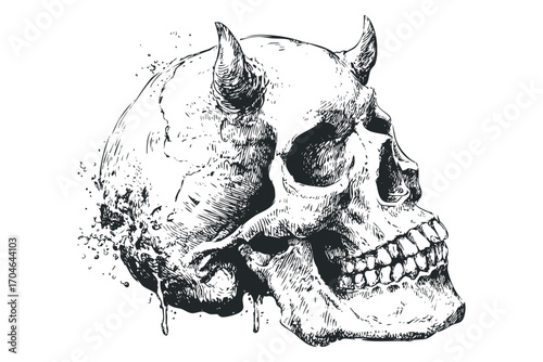 Demonic skull with horns and distressed texture. Vector hand drawn illustration