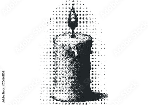 Halftone graphic of a single lit candle with melting wax. Vector hand drawn illustration
