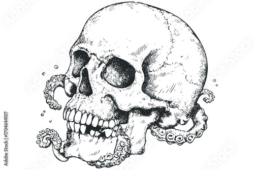 Macabre skull with octopus tentacles illustration. Vector hand drawn illustration