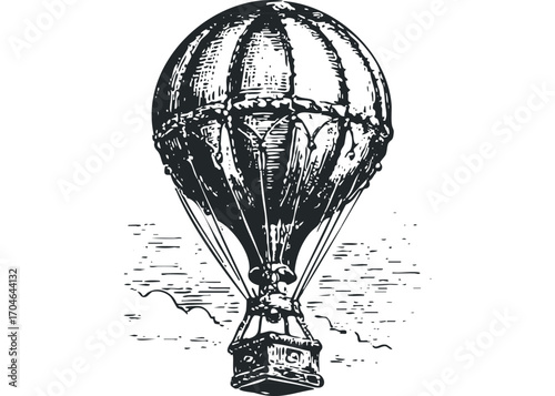 Vintage hot air balloon with basket image. Vector hand drawn illustration