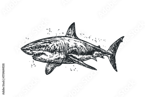 Shark swimming, sketch style,. Vector hand drawn illustration