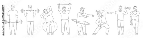 Older people play sports line doodle set. Elderly characters old men senor hobbies. Adult seniors running, morning exercises, gymnastics gym, cardio, yoga class, stretching jogging, strength training