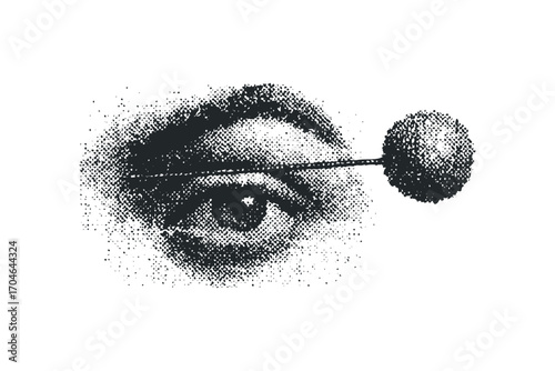 Monochromatic close-up of a human eye with a stippled texture and a spherical object piercing through. Vector hand drawn illustration