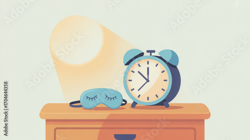 Illustration of sleep time with alarm clock and sleep mask on nightstand for good morning and bedtime routine