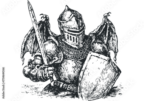 Black and white ink drawing of a medieval knight with dragon wings. Vector hand drawn illustration