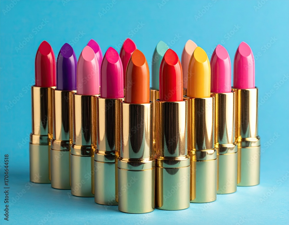 Obraz premium A heart-shaped arrangement of colorful lipsticks in gold tubes
