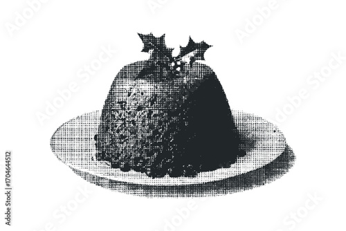 Christmas pudding with holly on plate. Vector hand drawn illustration