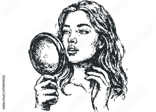 Sketch of a young woman looking into a hand mirror with expressive features. Vector hand drawn illustration
