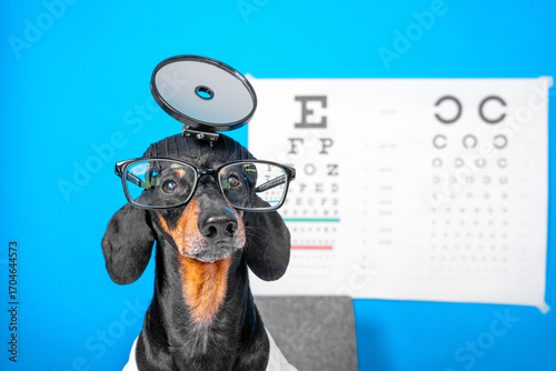 Funny dachshund wearing glasses and a doctor head mirror in front of an eye chart, creating a playful eye examination setting.