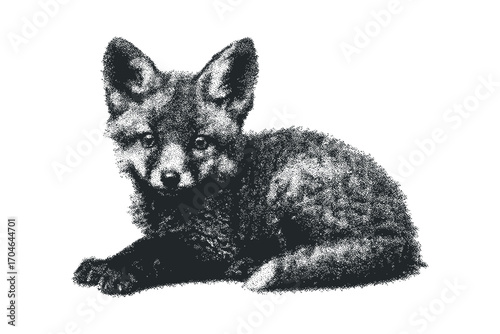 Young fox resting in monochrome dot style. Vector hand drawn illustration