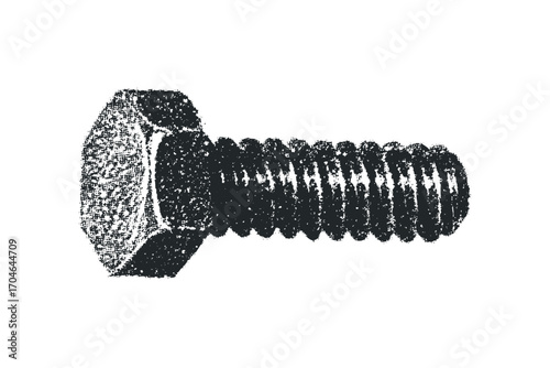 Hexagonal bolt with threaded shaft and textured head on white. Vector hand drawn illustration