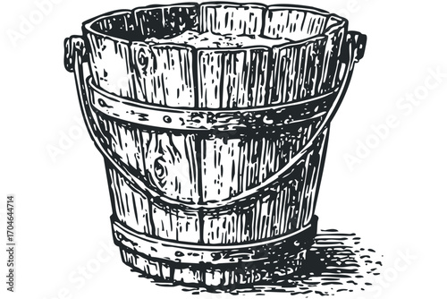 Vintage Wooden Bucket Full of Contents on Transparent. Vector hand drawn illustration