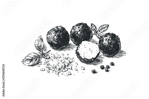 Hand drawn sketch of meatballs with basil and peppercorns on transparent background. Vector hand drawn illustration