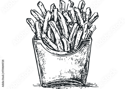 Hand drawn french fries in paper container. Vector hand drawn illustration