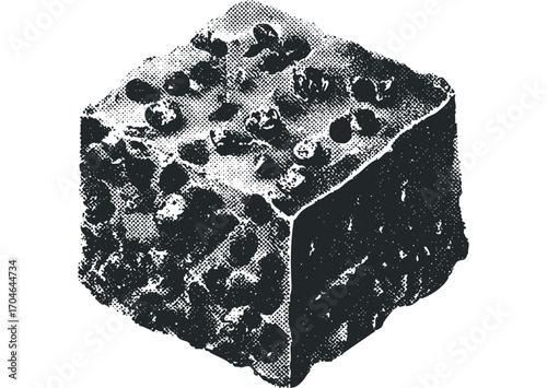 Grunge textured cube with scattered inclusions on transparent background. Vector hand drawn illustration