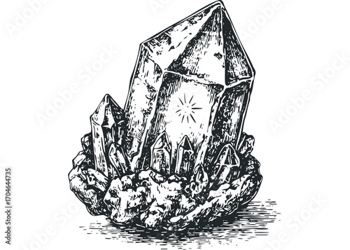 Ink sketch of rock crystal cluster on transparent background. Vector hand drawn illustration