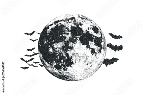 Moon with flock of bats image isolated on white. Vector hand drawn illustration