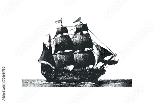 Old sailing ship on the sea in vintage style. Vector hand drawn illustration