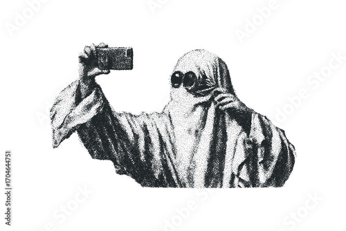 Figurative character wearing goggles and holding a camera in a halftone style. Vector hand drawn illustration