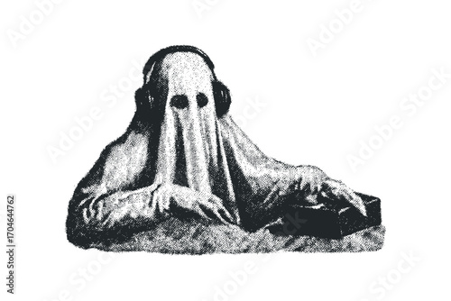 Ghost wearing headphones and operating DJ equipment. Vector hand drawn illustration