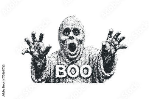 Scary ghost character with open mouth and reaching hands. Vector hand drawn illustration