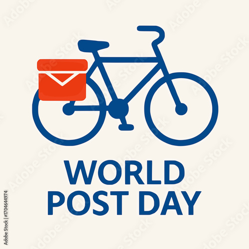 A clean vector design of a bicycle used by a postman with a mailbag for World Post Day, using solid colors and a white background