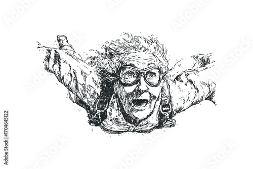 Elderly person with goggles skydiving on transparent background. Vector hand drawn illustration
