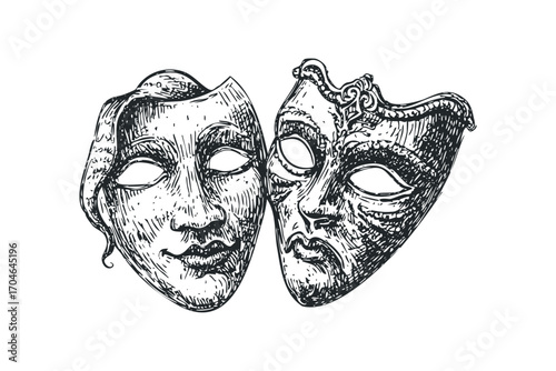 Two hand drawn vintage theatre masks side by side on transparent background. Vector hand drawn illustration