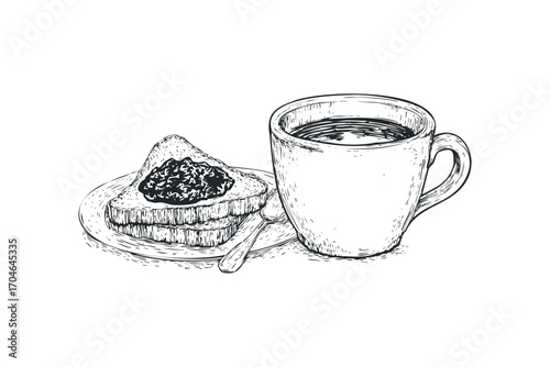 Hand drawn toast with jam and coffee cup on plate. Vector hand drawn illustration