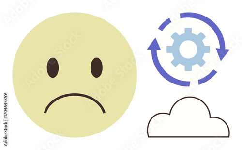 Sad face next to gear with recycling arrows and cloud outlines process, repetition, mood challenges, perseverance. Ideal for emotions, workflow, progress, sustainability, cloud technology