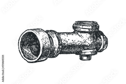 Hand drawn pipe fitting connection with threaded joint on transparent. Vector hand drawn illustration