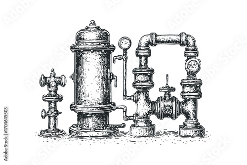 Engraved water hydrant and pipe system graphic on transparent background. Vector hand drawn illustration