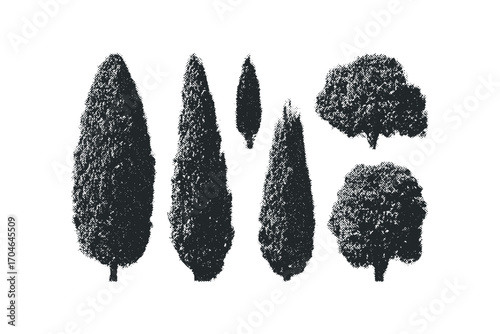 Collection of Pine and Round Trees Halftone Style. Vector hand drawn illustration