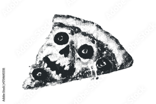 Scary pizza slice with olive face on transparent background, image. Vector hand drawn illustration