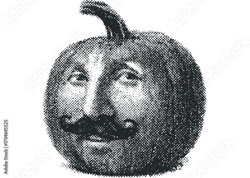 Person with mustache on pumpkin. Vector hand drawn illustration