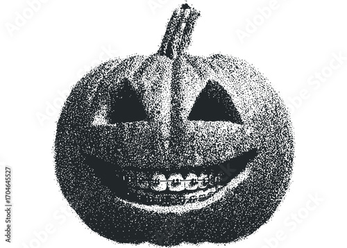 Gritty Halloween Pumpkin Face with Braces. Vector hand drawn illustration