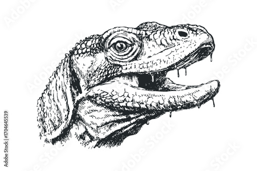 Ink sketch of lizard head on transparent background. Vector hand drawn illustration