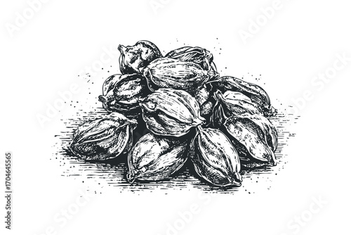Detailed sketch of dried cocoa pods in a pile on transparent background. Vector hand drawn illustration