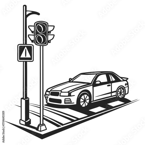 Black and white illustration of a car at a pedestrian crossing with traffic lights and a warning sign