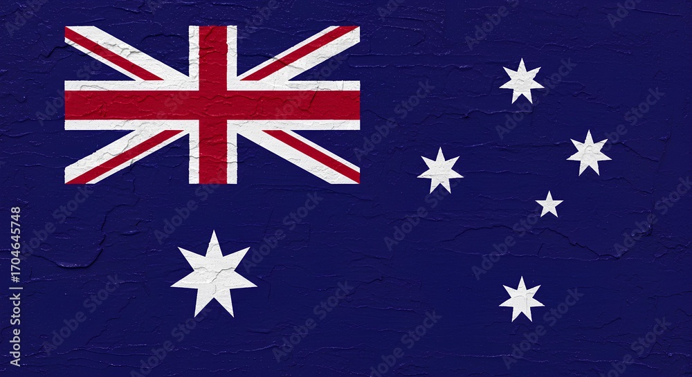 Fototapeta premium An artistic abstract depiction of the Australia flag, with a deep blue painted background, the Union Jack reinterpreted in textured strokes, and the Southern Cross stars glowing.