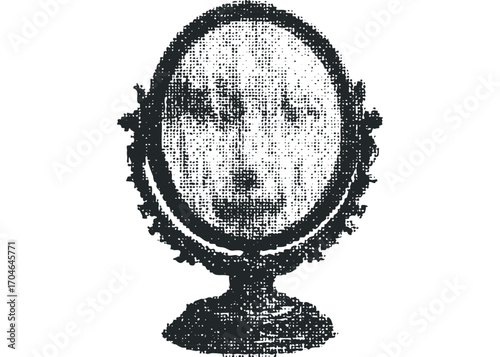 Oval Vanity Mirror with Ornate Frame and Halftone Portrait. Vector hand drawn illustration