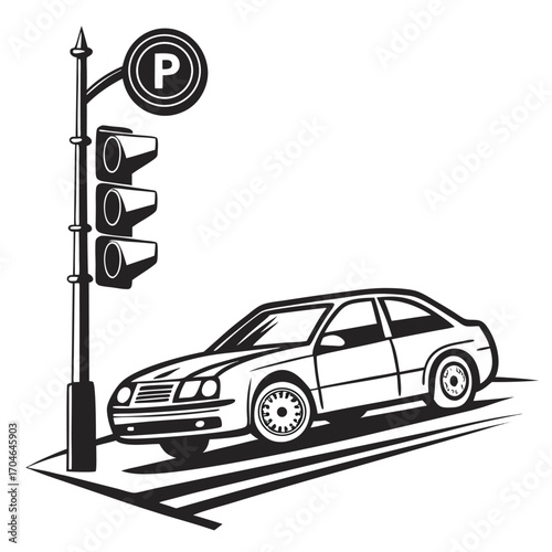 Black and white illustration of a sedan car at a traffic light with a parking sign automobile