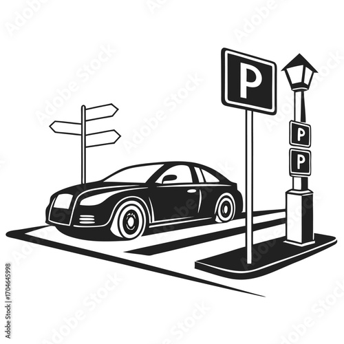 Black and white illustration of a sedan parked in a parking spot with a parking sign and directional signs