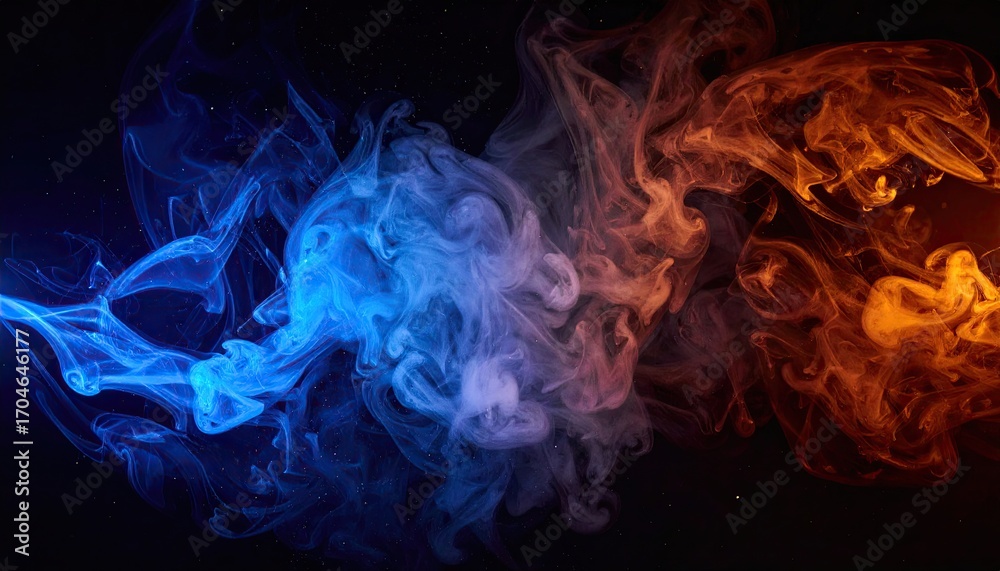 Fototapeta premium Vibrant blue and orange smoke swirls dynamically on a dark background, creating an abstract and energetic visual contrast, perfect for backgrounds or graphic design.