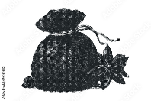 Textured burlap sack tied with string and star anise spice on transparent background. Vector hand drawn illustration